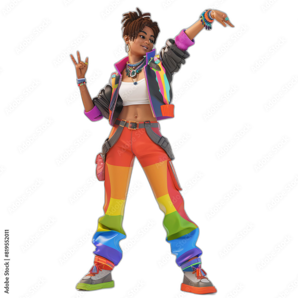 Bright and Bold: Cheerful 3D Female Character Celebrating LGBTQ+ Pride with Modern Edgy Look and Accessories on White Background Bright and Bold: Cheerful 3D Female Character Celebrating LGBTQ+ Pride with Modern Edgy Look and Accessories on White Background