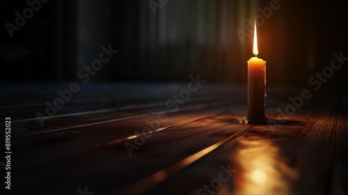 A dimly lit room with a single extinguished candle, selective focus, extinguished, vibrant, blend mode, dark room backdrop photo
