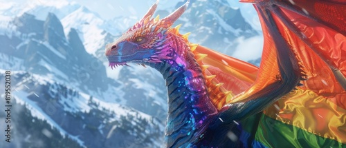 A dragon wrapped in a pride flag, close up, representation, vibrant, overlay, mountain backdrop