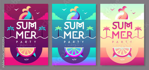 Set of Fluorescent flat summer disco party posters with mermaid tail. Vector illustration