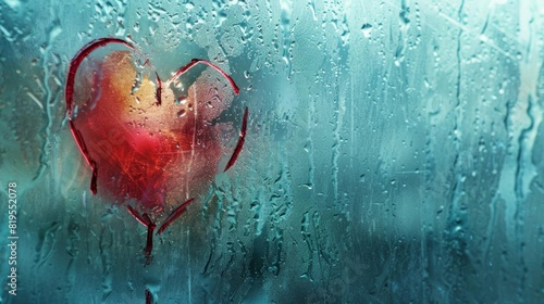 A broken heart drawn on frosted glass, copy space, heartache, dynamic, double exposure, window backdrop photo