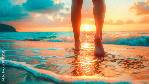 A serene sunset view at the beach with waves gently touching the sand and silhouette of legs walking along the shoreline.