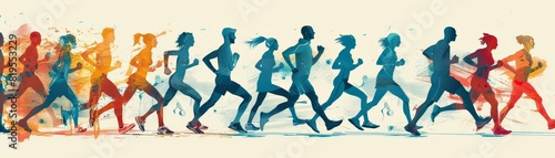 Sports and fitness illustration with diverse group running together, using minimalist elements