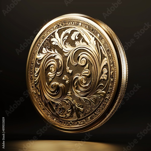 A stunning gold coin with intricate designs, spinning in midair against a dark background, capturing its reflective surface and details, Realistic, 3D Rendering,