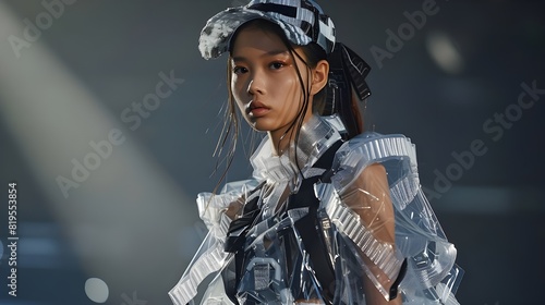 Fashion show, new trendy collection of sustainable ecology plastic recycling clothes. Environmentally friendly reusing fabric textiles. Climate change concept asian fashion model catwalk runway poster