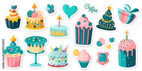 Birthday stickers with festive designs  white background  Celebratory  Photography 