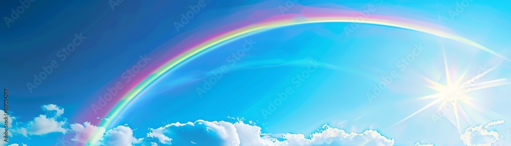 Clear sky with a vivid rainbow arching across it, symbolizing hope and beauty, Vibrant, Digital Art,