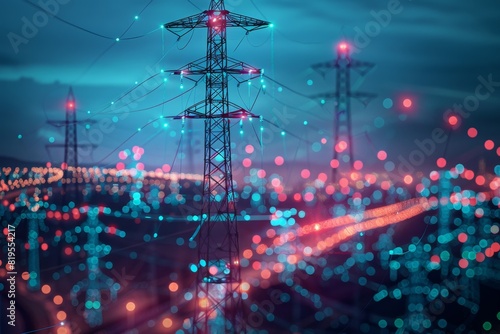 A futuristic power grid with glowing lights at night, showcasing modern electricity infrastructure and technological advancement.