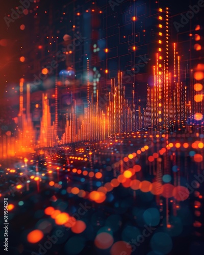 Abstract data visualization with vibrant digital technology  futuristic interface  and glowing elements in red  orange  and blue hues.