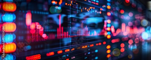 Abstract digital data display with graphs, charts, and financial indicators in vibrant colors, conveying technology and finance themes.