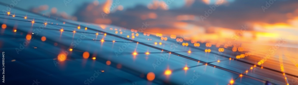 Close-up of a modern solar panel with glowing lights at sunset, representing renewable energy technology and sustainable power solutions. Close-up of a modern solar panel with glowing lights at sunset, representing renewable energy technology and sustainable power solutions.
