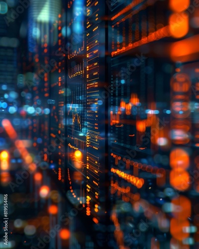 Blurred conceptual image of data server. High tech data processing. Information storage and cyberspace. Data center innovation.