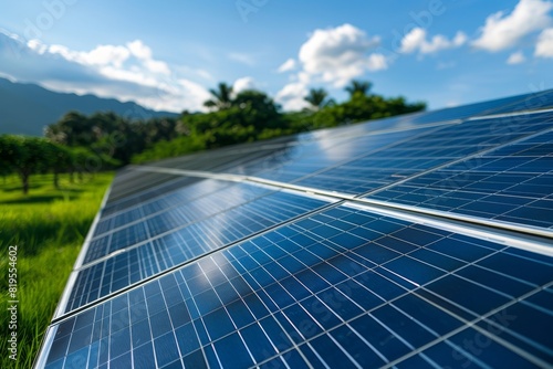 Close-up of solar panels installed in a lush green field  generating renewable energy under a bright blue sky with fluffy white clouds.