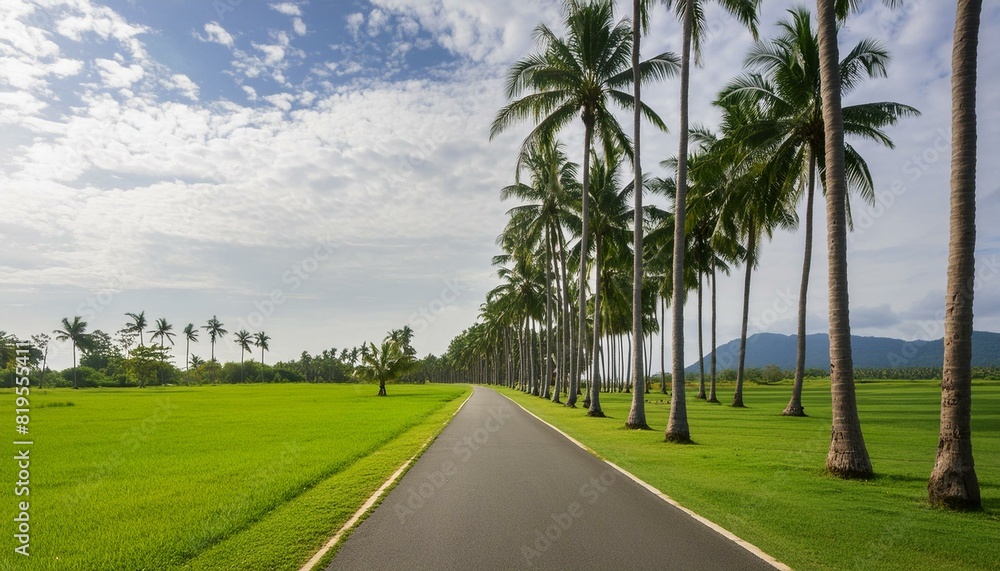 A beautiful wide clear road green land both side palm trees road side with palm trees A beautiful wide clear road green land both side palm trees road side with palm trees
