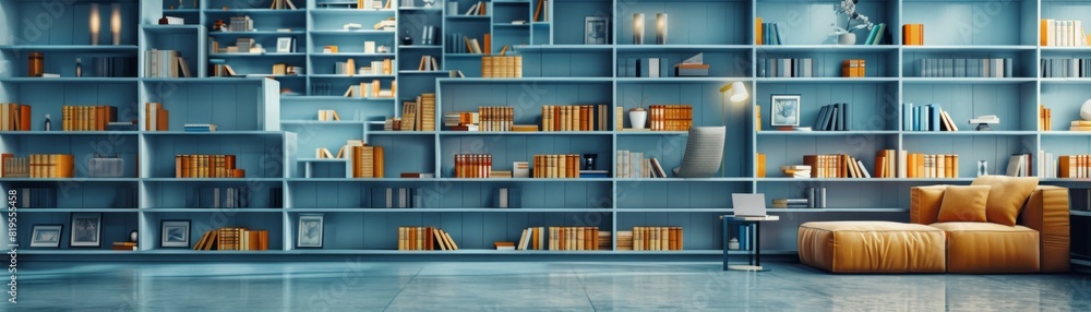Modern library interior with blue bookshelves and a cozy seating area, filled with books and decor items in a contemporary style.