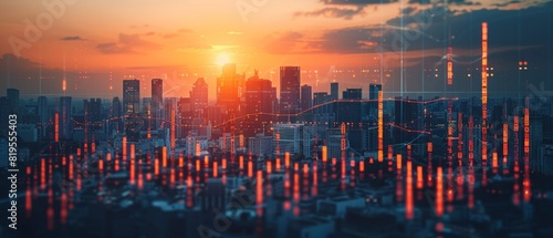 Modern city skyline at sunset with digital financial data overlay, representing stock market analysis and urban development.