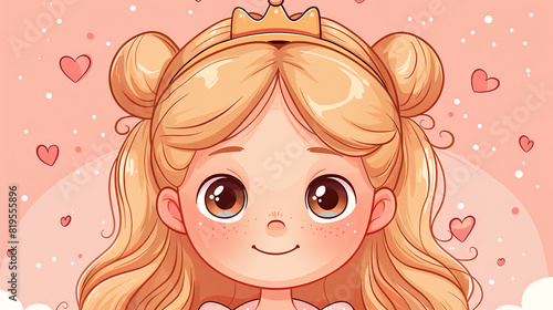 A cartoon girl with a crown on her head and a smile on her face. The background is filled with hearts and stars