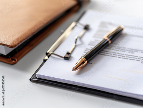 Ringordner auf dem Tisch, daneben zu unterzeichnende Dokumente, Kugelschreiber auf den Dokumenten, weißer Tisch.