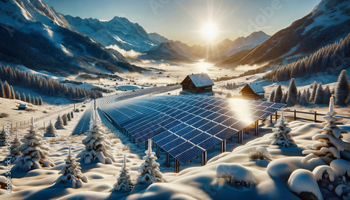 Solar panels in a snowy landscape, Energy sources for renewable, Ecology concept Generative AI technology.