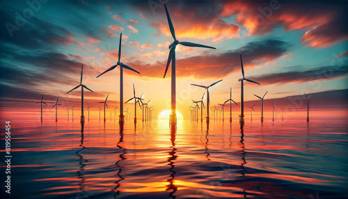 Offshore wind farm at sunset, Energy sources for renewable, Ecology concept Generative AI technology