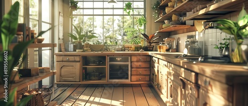 Sunlit modern kitchen interior with wooden cabinets and shelves, filled with green plants creating a serene and eco-friendly atmosphere.