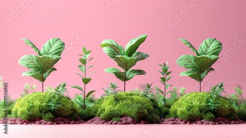 3D illustration of minimalistic growing small trees on a pink background, in the colors of the 1920s, in a pastel aesthetic.