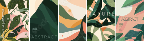 Tropical abstract nature. Vector aesthetic modern illustration of leaves, plants, landscape for interior poster, card, pattern or background © Ardea-studio