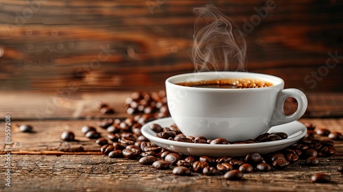 Steaming black coffee in a white cup with a natural swirl, surrounded by coffee beans on a weathered wooden background