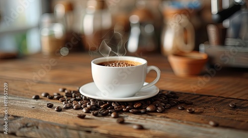 Steaming black coffee in a white cup with a natural swirl, surrounded by coffee beans on a weathered wooden background