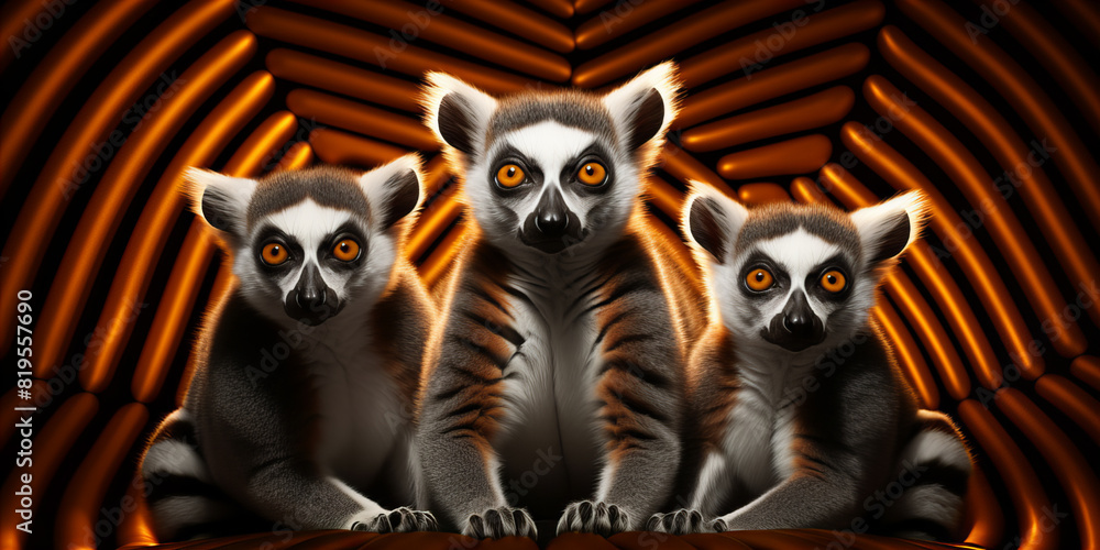 A funny three lemurs looking for the camera with orange and black stripes background A funny three lemurs looking for the camera with orange and black stripes background