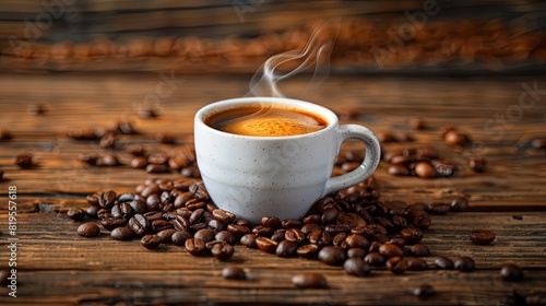 Steaming white cup of black coffee with a natural swirl  surrounded by coffee beans on a rustic wooden background