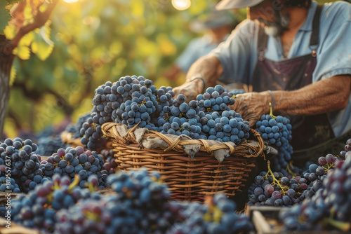 Harvest time in the vineyard, workers picking ripe grapes, baskets brimming with fresh produce, capturing the labor and love behind wine production.