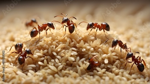 Together, a group of ants gathers grains