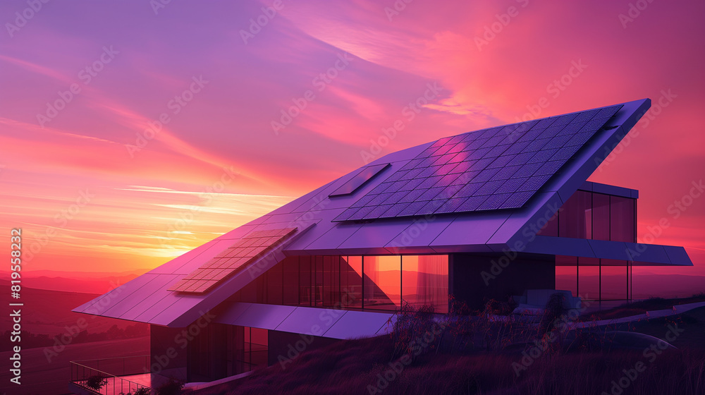 Obraz premium A cutting-edge home with sleek solar panels on its roof, capturing solar energy to generate electricity, set against the backdrop of a vibrant and colorful sunset, the home features.