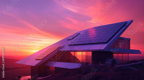 A cutting-edge home with sleek solar panels on its roof, capturing solar energy to generate electricity, set against the backdrop of a vibrant and colorful sunset, the home features.