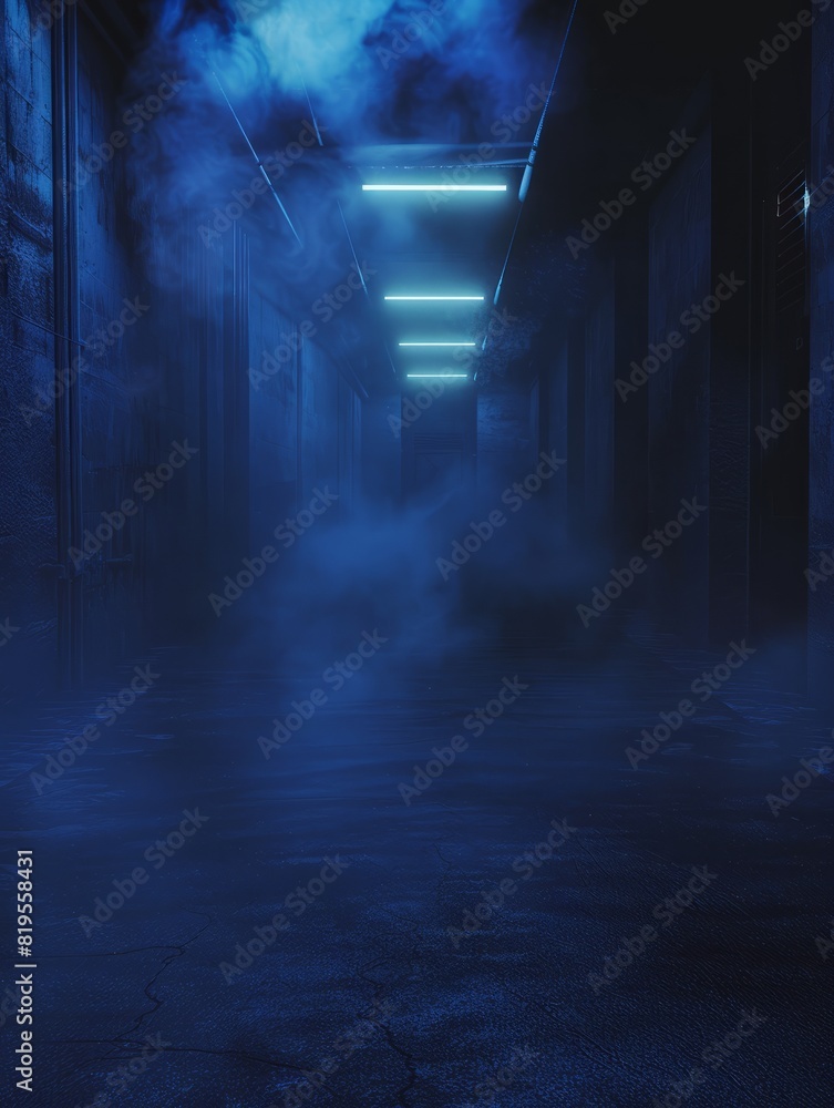 A dark empty street, dark blue background, an empty dark scene, neon light, spotlights The asphalt floor and studio room with smoke float up the interior texture. night view Generative AI