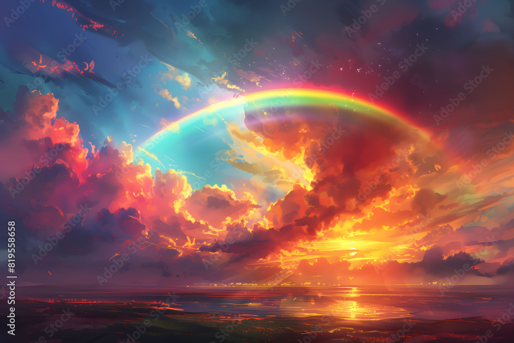 Twilight scene: colorful clouds, golden sunset, rainbow. Ground reflects sky's radiance, as if just rained. Dreams and hope abound. Twilight scene: colorful clouds, golden sunset, rainbow. Ground reflects sky's radiance, as if just rained. Dreams and hope abound.