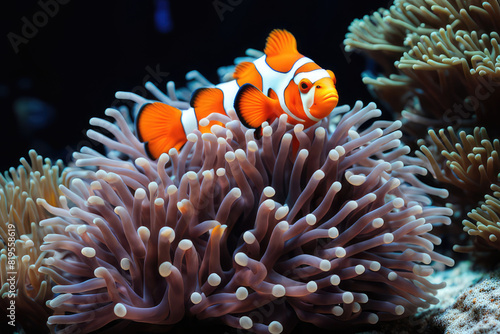 Sea anemone and clown fish in marine aquarium. On black background © Linggakun