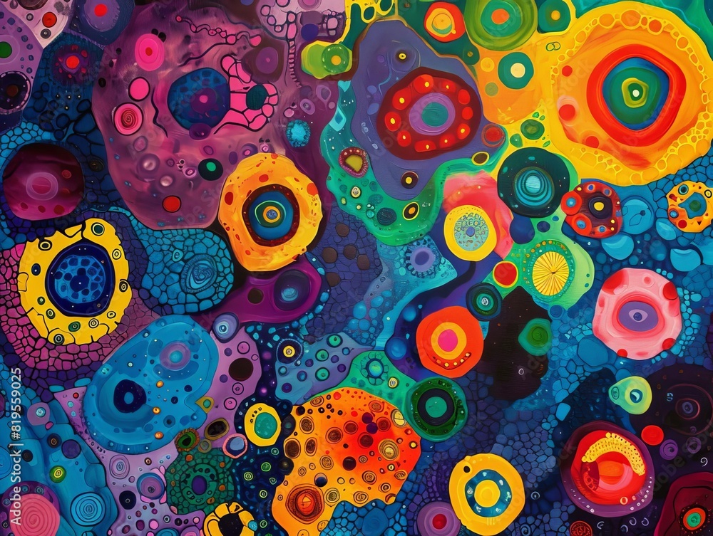 Naklejka premium Vibrant abstract painting with colorful circular patterns and varied textures, creating a dynamic and lively artistic composition.