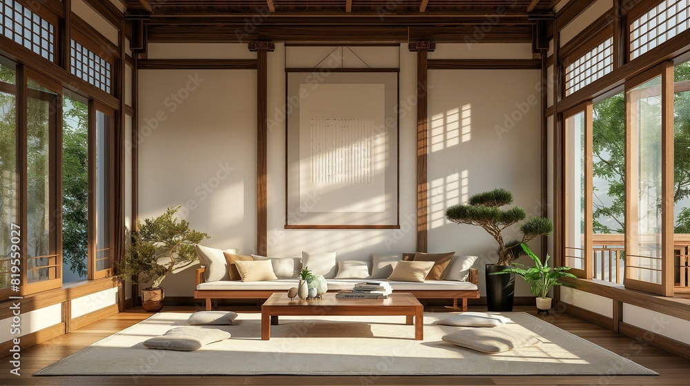Frame mockup, modern Hanok style living room home interior