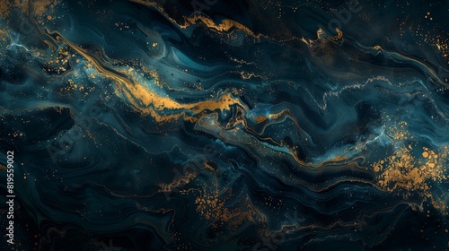 A dark and moody abstract painting that uses shades of blue and gold to create a sense of depth and mystery. The colors seem to shift and change depending on the angle of the light. photo