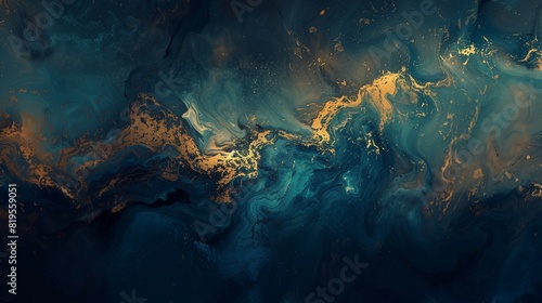 A dark and moody abstract painting that uses shades of blue and gold to create a sense of depth and mystery. The colors seem to shift and change depending on the angle of the light. photo