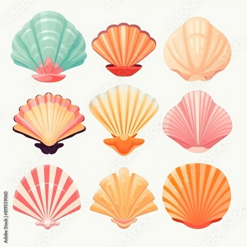 A collection of colorful seashell illustrations in various shapes and sizes  perfect for summer and beach-themed projects.