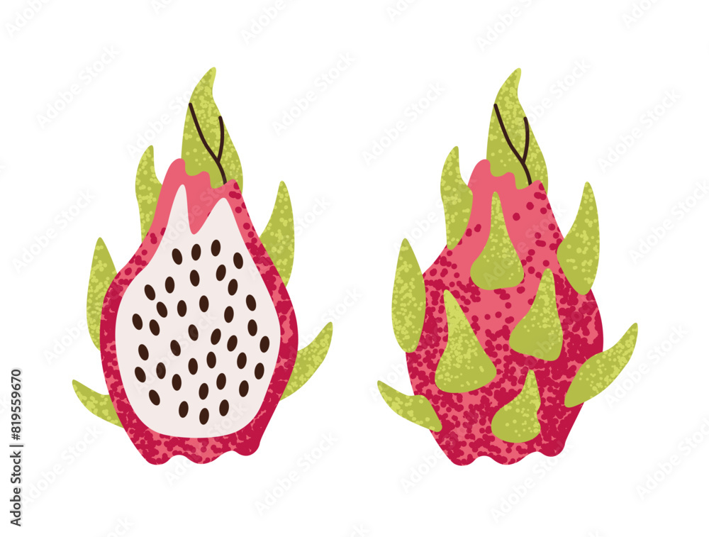 Summer tropical red dragon fruit, pitahaya. Whole fruit and half. Summer tropical red dragon fruit, pitahaya. Whole fruit and half.