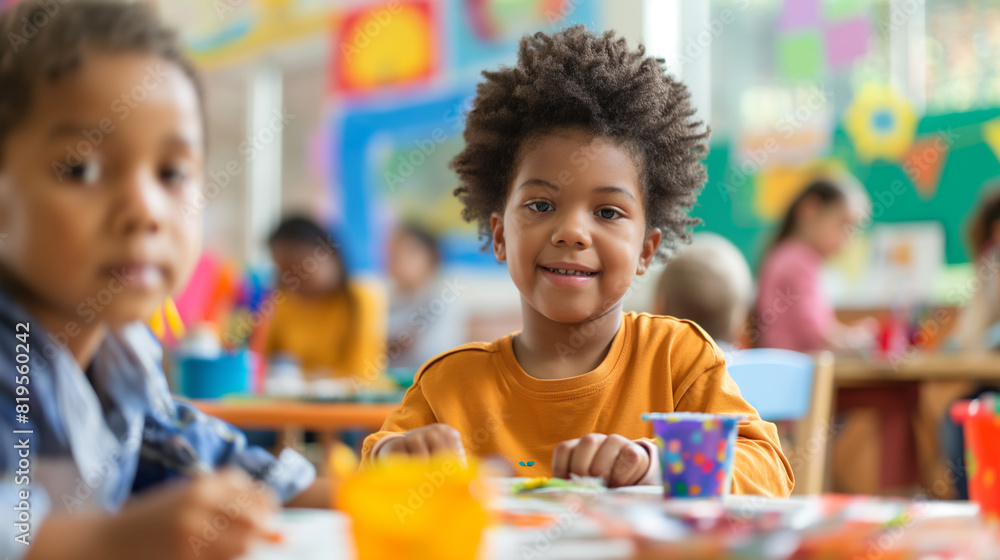 Within a busy classroom full of art supplies, children enthusiastically work on an art project under the attentive guidance of their teacher, the room alive with creativity. Within a busy classroom full of art supplies, children enthusiastically work on an art project under the attentive guidance of their teacher, the room alive with creativity.