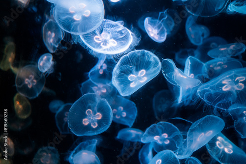 Jellyfish show their beauty Come out and play with the lights. © PordeeStudio