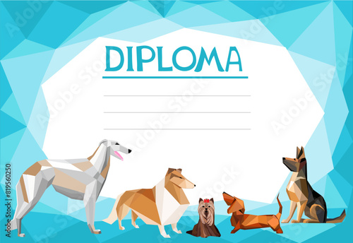 Dog pet care diploma or certificate vector template with cartoon zoo shop items for puppies. Award frame template with dogs. Certificate template. flat vector. Diploma of dog show. Best of the Breed
