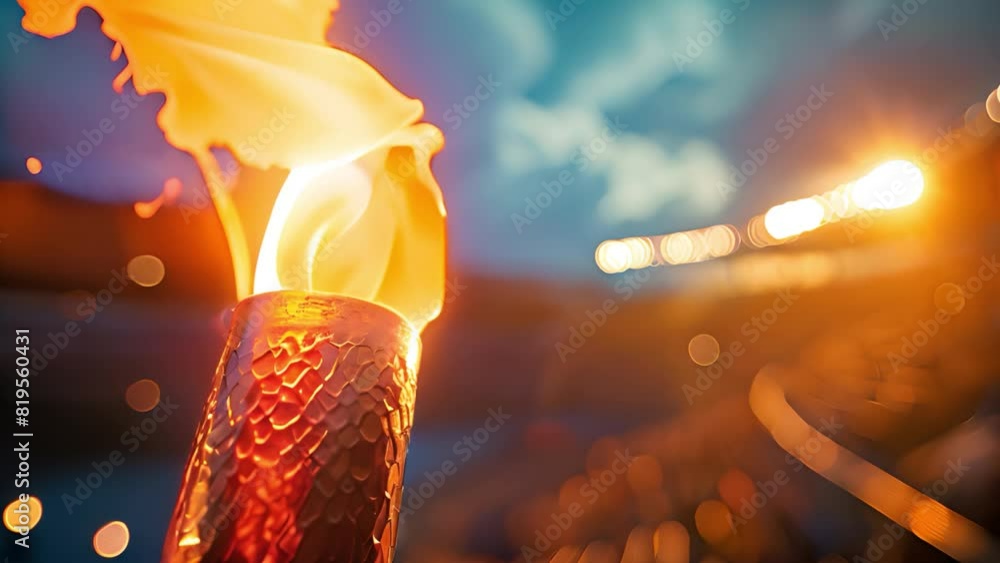 Close-up of a lit torch with flames against a blurred stadium background