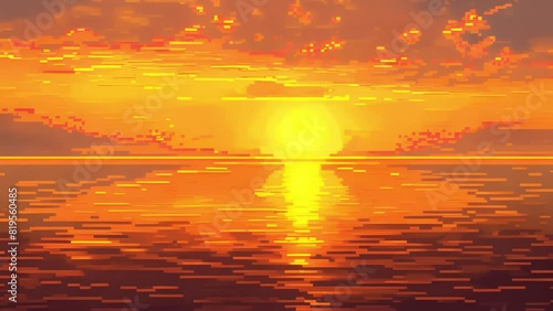 Sunset over ocean with clouds. Pixel art style.