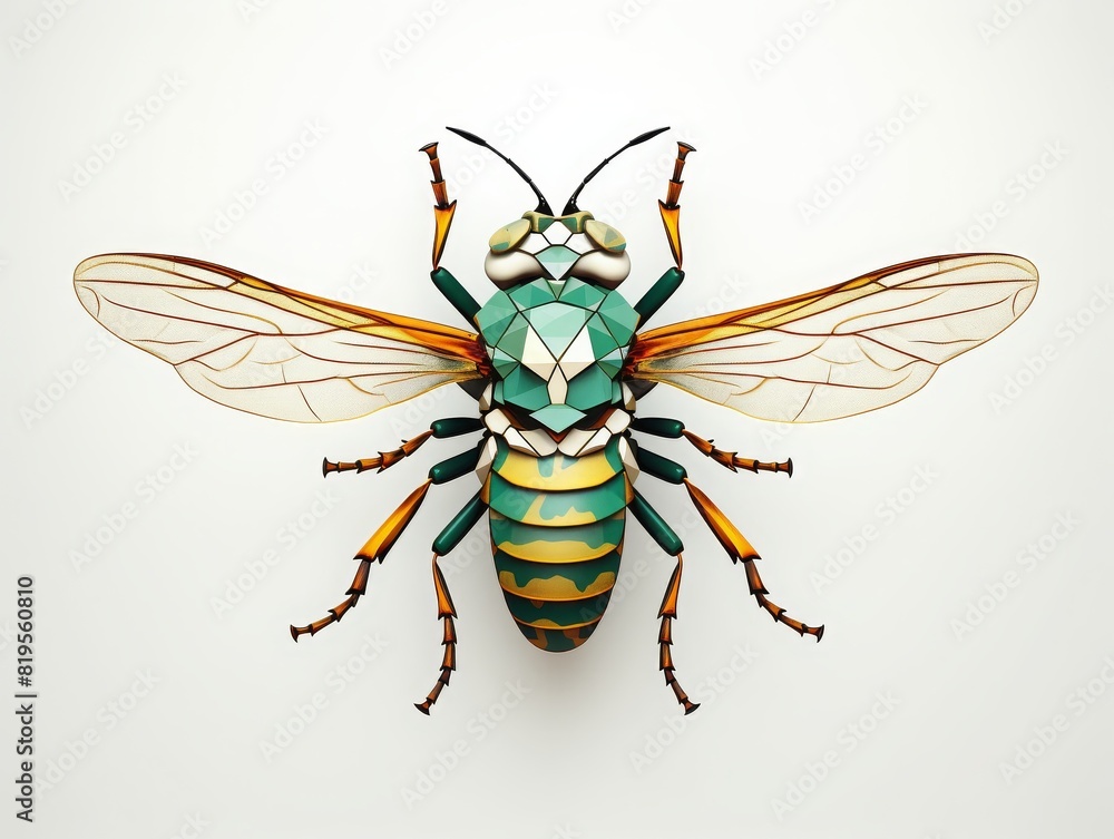 Close-up of a colorful, geometric bee illustration with detailed wings and vibrant patterns, perfect for nature and art-themed projects. Close-up of a colorful, geometric bee illustration with detailed wings and vibrant patterns, perfect for nature and art-themed projects.